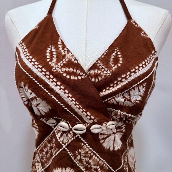 Brown Halter Top Tie Dy Cowrie Shells Small Boho Beach Festival Y2K Tropical - Picture 3 of 5